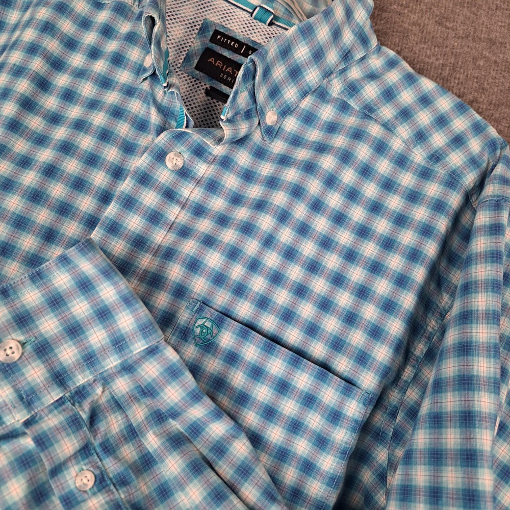 Ariat Pro Series Shirt Men Large Blue Plaid Fitted Stretch Long Sleeve Western